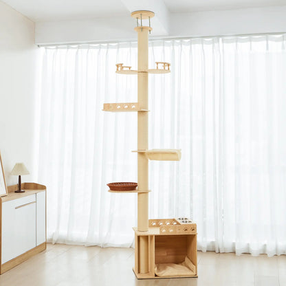 【Summervibes】Adjustable Height Cat Tree Tower (102-118 Inches ) 5-Tier Hemp Scratching Post Indoor/Outdoor Sturdy Cat Activity Center with Perches