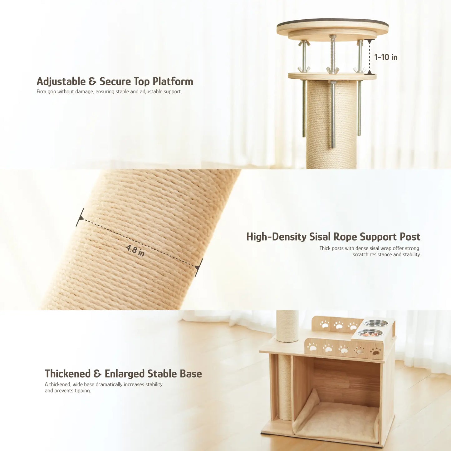 【Summervibes】Adjustable Height Cat Tree Tower (102-118 Inches ) 5-Tier Hemp Scratching Post Indoor/Outdoor Sturdy Cat Activity Center with Perches