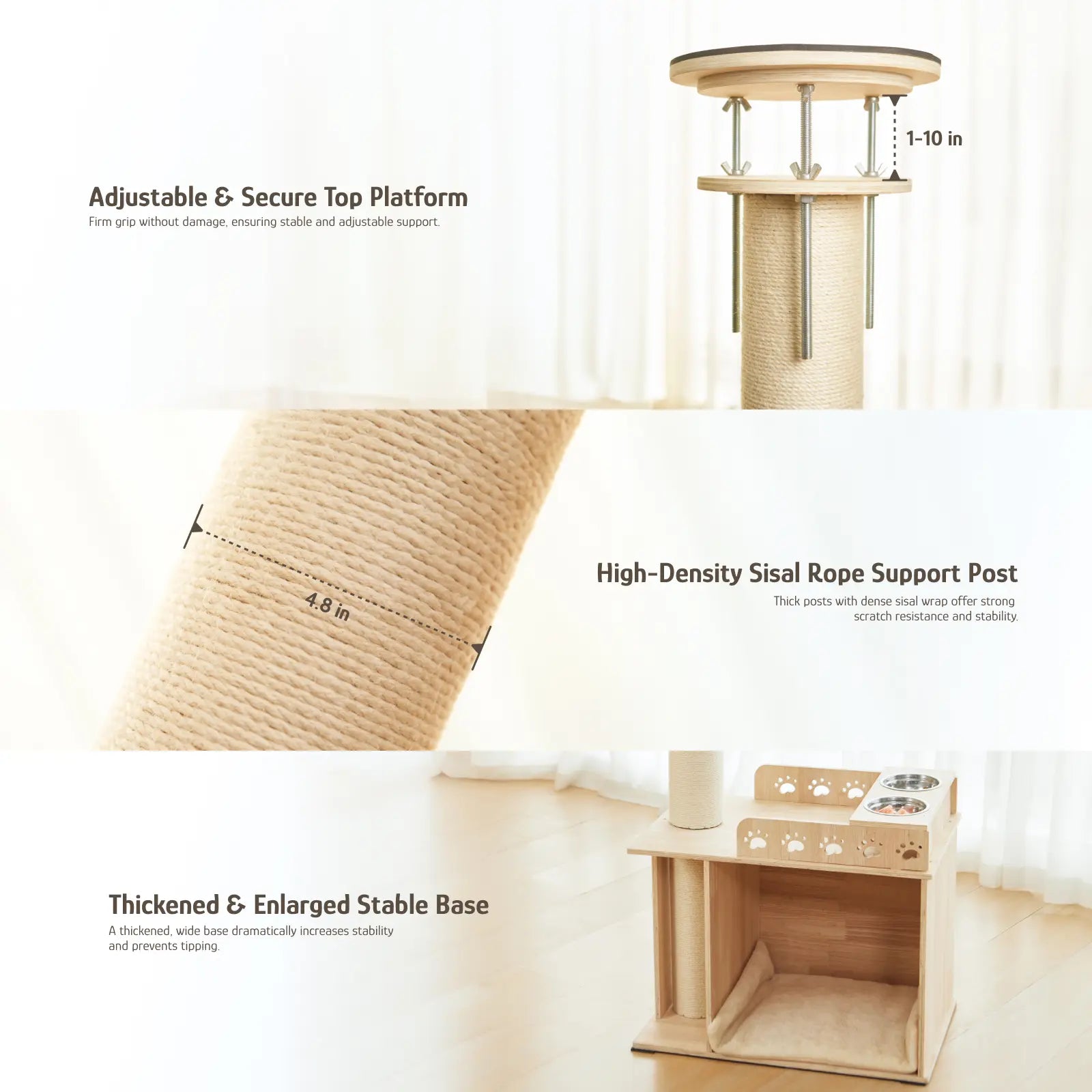 【Summervibes】Adjustable Height Cat Tree Tower (102-118 Inches ) 5-Tier Hemp Scratching Post Indoor/Outdoor Sturdy Cat Activity Center with Perches