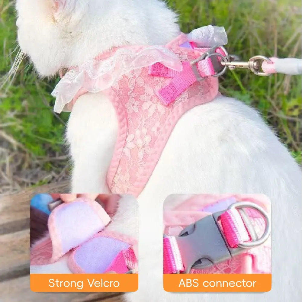 Pink Lace Pet Harness and Leash System with Floral Vest Vest-Style Harness & 47.24In Leash Suitable for Dogs and Cats, Kitten Harness, Lace Collar Harness for Walking, for Small to Breeds, Harness Leash Set, Harness Leash Combo