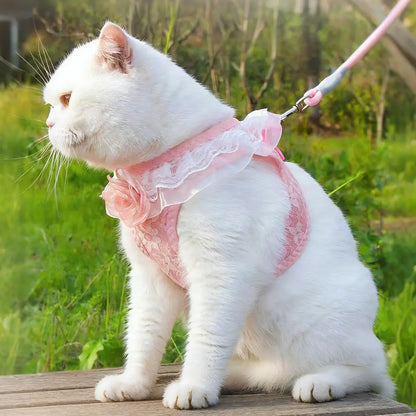 Pink Lace Pet Harness and Leash System with Floral Vest Vest-Style Harness & 47.24In Leash Suitable for Dogs and Cats, Kitten Harness, Lace Collar Harness for Walking, for Small to Breeds, Harness Leash Set, Harness Leash Combo