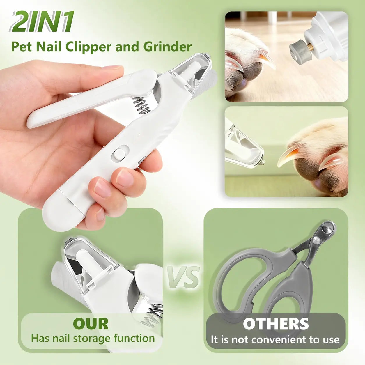 2-In-1 LED Stainless Steel Dog Nail Clipper & Grinder Combo, Safe ABS Universal Pet Grooming Tool, Quiet Low-Vibration, Sharp Blades, USB Rechargeable Paw Trimmer with Polishing for Dogs & Cats Home Use