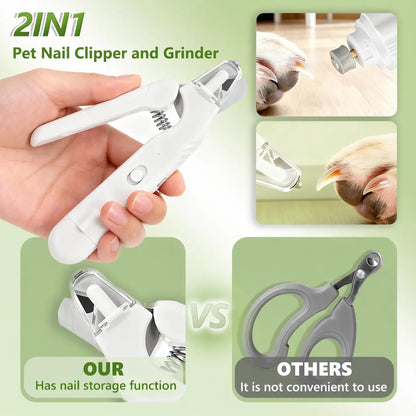 2-In-1 LED Stainless Steel Dog Nail Clipper & Grinder Combo, Safe ABS Universal Pet Grooming Tool, Quiet Low-Vibration, Sharp Blades, USB Rechargeable Paw Trimmer with Polishing for Dogs & Cats Home Use