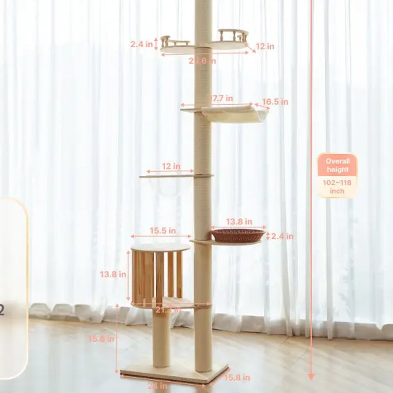 【Summervibes】Adjustable Height Cat Tree Tower (102-118 Inches ) 5-Tier Hemp Scratching Post Indoor/Outdoor Sturdy Cat Activity Center with Perches