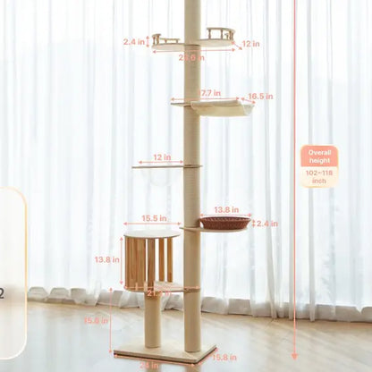 【Summervibes】Adjustable Height Cat Tree Tower (102-118 Inches ) 5-Tier Hemp Scratching Post Indoor/Outdoor Sturdy Cat Activity Center with Perches