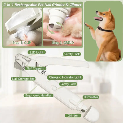2-In-1 LED Stainless Steel Dog Nail Clipper & Grinder Combo, Safe ABS Universal Pet Grooming Tool, Quiet Low-Vibration, Sharp Blades, USB Rechargeable Paw Trimmer with Polishing for Dogs & Cats Home Use