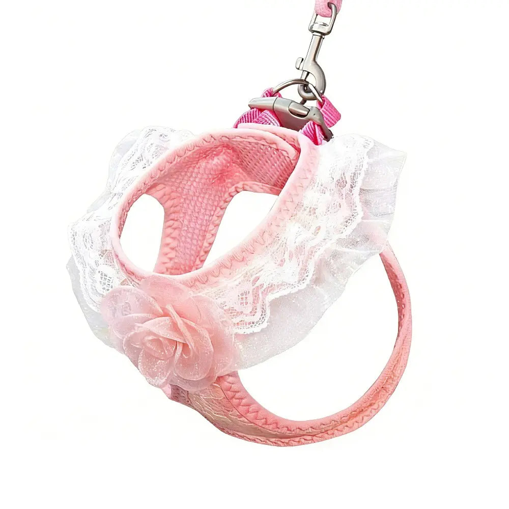 Pink Lace Pet Harness and Leash System with Floral Vest Vest-Style Harness & 47.24In Leash Suitable for Dogs and Cats, Kitten Harness, Lace Collar Harness for Walking, for Small to Breeds, Harness Leash Set, Harness Leash Combo