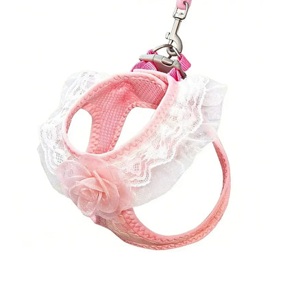 Pink Lace Pet Harness and Leash System with Floral Vest Vest-Style Harness & 47.24In Leash Suitable for Dogs and Cats, Kitten Harness, Lace Collar Harness for Walking, for Small to Breeds, Harness Leash Set, Harness Leash Combo